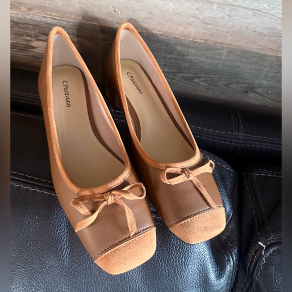 C Paravano Women's Leather Tan Bow Knot Ballet Low Heels - Picture 2 of 7